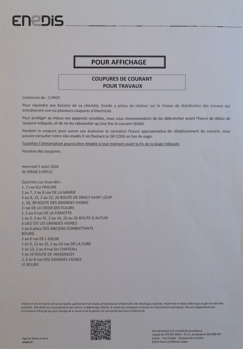 Coupures de courant suite travaux le MERCREDI 5 AOUT 2026